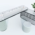 Modern Curved Bar Counter With Polka Dot Top Vertical Slat Base Black Railing And Plant