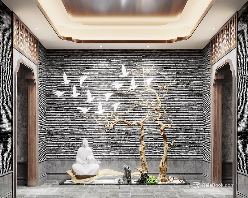 Zen Foyer Hallway Design With Stone Wall Buddha Statue Tree Sculpture And Bird Ornaments 3d model 