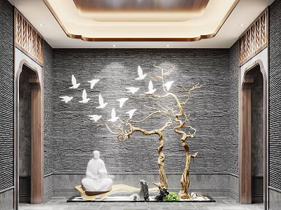 Zen Foyer Hallway Design With Stone Wall Buddha Statue Tree Sculpture And Bird Ornaments 3d model