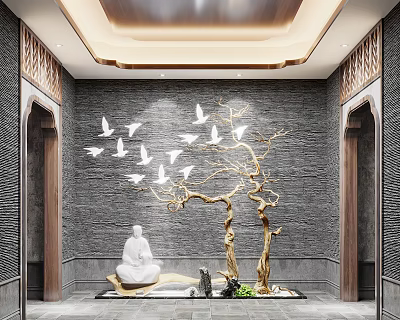 Zen Foyer Hallway Design With Stone Wall Buddha Statue Tree Sculpture And Bird Ornaments 3d model