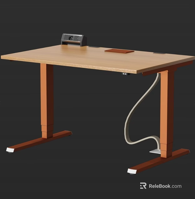Wooden Height Adjustable Office Desk With Control Panel Brown Pad And Power Cable 3d model 