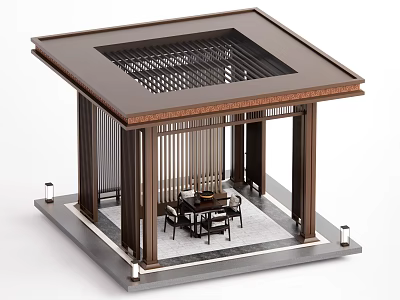 Modern Landscape Pavilion With Wooden Frame Square Grid Roof And Interior Table Chairs 3d model