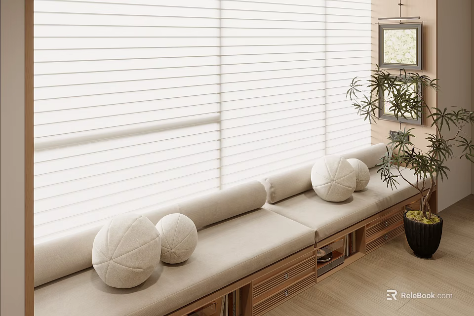 Cozy Window Seat With White Blinds Round Cushions Wooden Drawers And Green Plant 3d model 