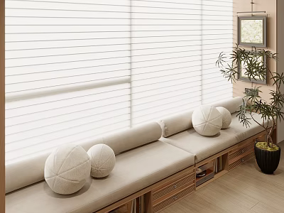 Cozy Window Seat With White Blinds Round Cushions Wooden Drawers And Green Plant 3d model
