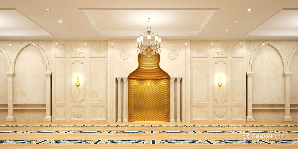 Luxurious Hotel Lobby With Crystal Chandelier Golden Decor Carved Walls And Patterned Floor 3d model 