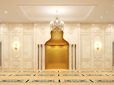 Luxurious Hotel Lobby With Crystal Chandelier Golden Decor Carved Walls And Patterned Floor 3d model