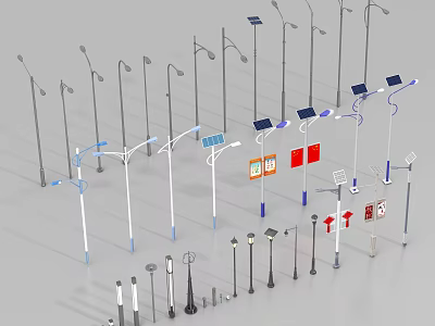 Various Outdoor Lights With Solar Powered Lamp Posts And Different Design Street Lighting 3d model