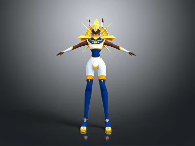 3D Futuristic Character Model With Blue White Yellow Costume And Golden Headdress 3d model