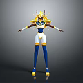 3D Futuristic Character Model With Blue White Yellow Costume And Golden Headdress