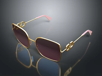 Gold Frame Sunglasses With Chain Detail And Pink Temple Tips Purple Lenses 3d model