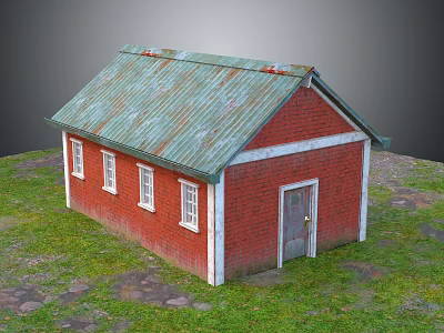 Red Brick House With Green Metal Roof White Window Frames Wooden Door Grass And Stone Path 3d model