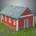Red Brick House With Green Metal Roof White Window Frames Wooden Door Grass And Stone Path