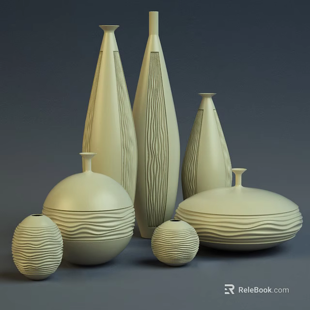 Textured Cream Colored Vases In Various Shapes With Patterns On Grey Background 3d model 