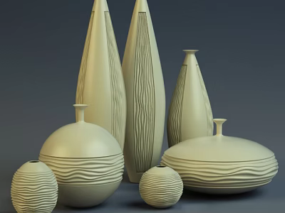 Textured Cream Colored Vases In Various Shapes With Patterns On Grey Background 3d model