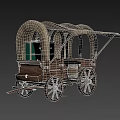 Classic Wooden Covered Wagon with Green Storage Cabinets Wooden Barrel and Wooden Wheels
