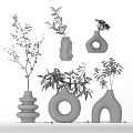 Modern Decorative Ornaments Set With Various Shaped Vases Green Plants And Dried Flowers