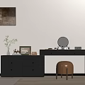 Modern Black Dressing Table With Round Mirror Leather Brown Stool And Drawers 3d model