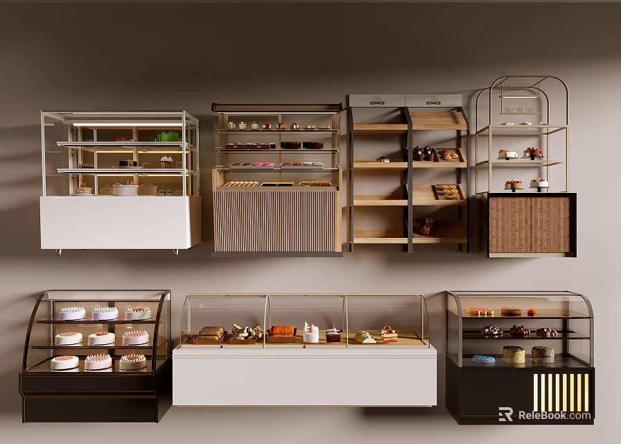 Bakery Display Units With Glass Cases Wooden Shelves And Pastry Arrangements 3d model 