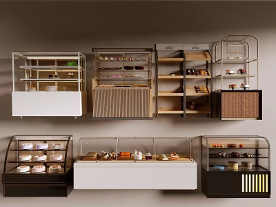 Bakery Display Units With Glass Cases Wooden Shelves And Pastry Arrangements 3d model