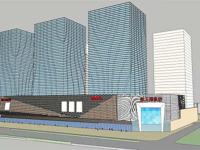Modern Commercial Complex With High Rise Glass Curtain Wall Buildings And Retail Entrance 3d model
