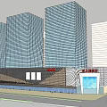 Modern Commercial Complex With High Rise Glass Curtain Wall Buildings And Retail Entrance
