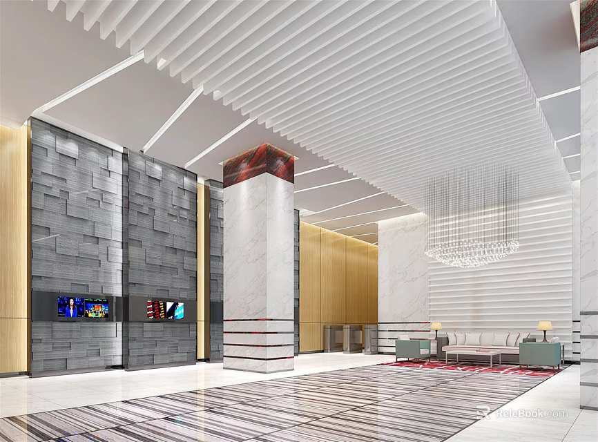 Modern Lobby Front Desk Reception with Stone Wall Wooden Panels and Chandelier 3d model 
