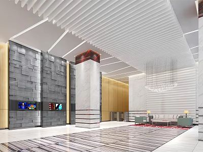 Modern Lobby Front Desk Reception with Stone Wall Wooden Panels and Chandelier 3d model