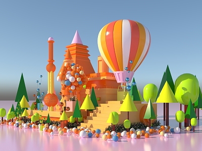 Modern Cartoon Meichen Hot Air Balloon Cartoon Tree Forest Castle Cute Interactive Meichen 3d model