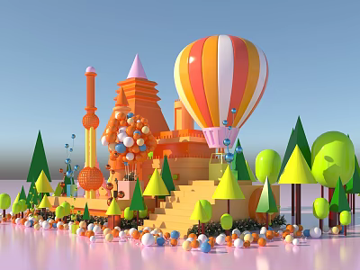 Interactive Zone with Orange Castle Hot Air Balloon Green Trees and Colorful Balloons 3d model