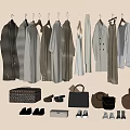 Stylish Neutral Tones Clothes Hanging on Racks with Accessories like Bags Shoes and Hats