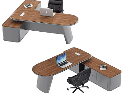 Modern L shaped Wooden Office Desk With Laptop Mouse And Documents 3d model
