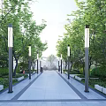 Scenic Park Landscape With Green Trees White Railings People Activities Open Sky And Distant Buildings