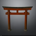 Red Traditional Japanese Torii Gate With Wooden Structure And Stone Base