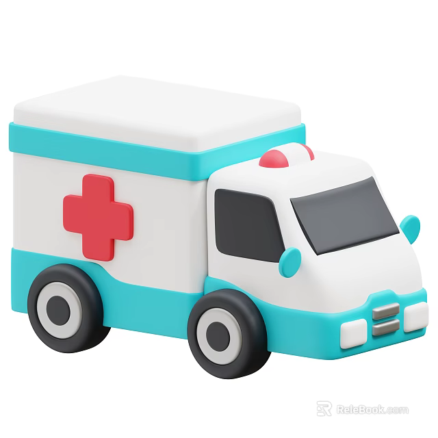 Cartoon White And Blue Ambulance With Red Cross Symbol And Top Siren Light 3d model 
