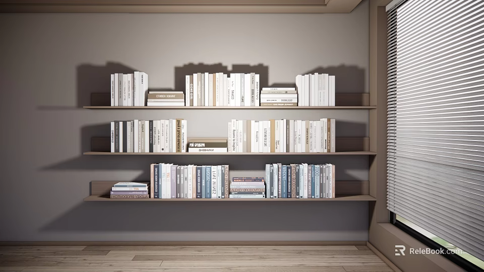 Books and Magazines Neatly Arranged on Wooden Bookshelf with Multiple Shelves in Room Interior 3d model 