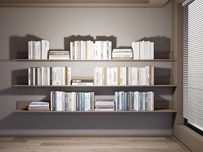 Books and Magazines Neatly Arranged on Wooden Bookshelf with Multiple Shelves in Room Interior 3d model