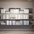 Books and Magazines Neatly Arranged on Wooden Bookshelf with Multiple Shelves in Room Interior