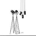 Modern Lighting Combination With Black Tripod Floor Lamps And Hanging Pendant Lights