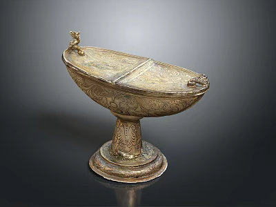 Ancient Intricate Golden Sculpted Container With Pedestal Base And Lion Head Decorations 3d model