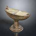 Ancient Intricate Golden Sculpted Container With Pedestal Base And Lion Head Decorations