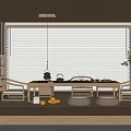 Traditional Japanese Tea Room With Wooden Table Teapot Window Blinds And Potted Plant