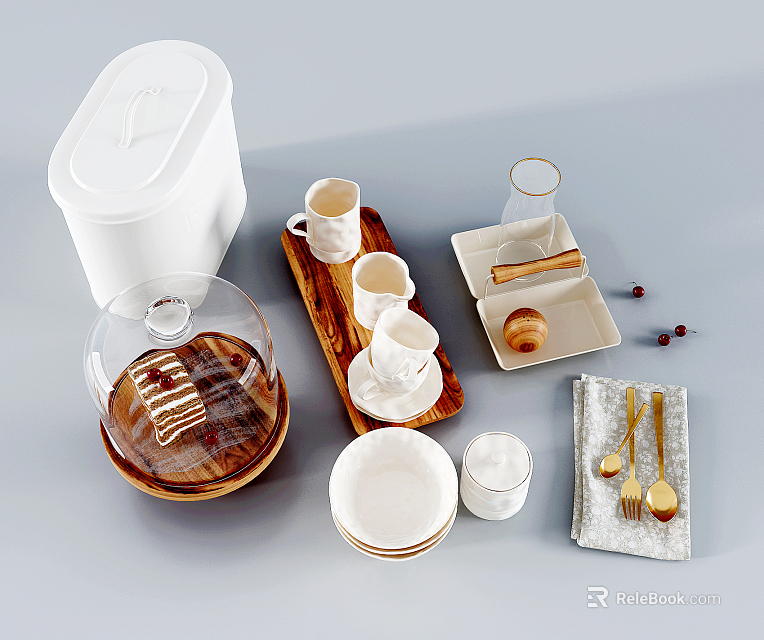 Stylish White Tableware Set with Wooden Tray Glass Cup Square Plate Bowl and Silver Cutlery 3d model 