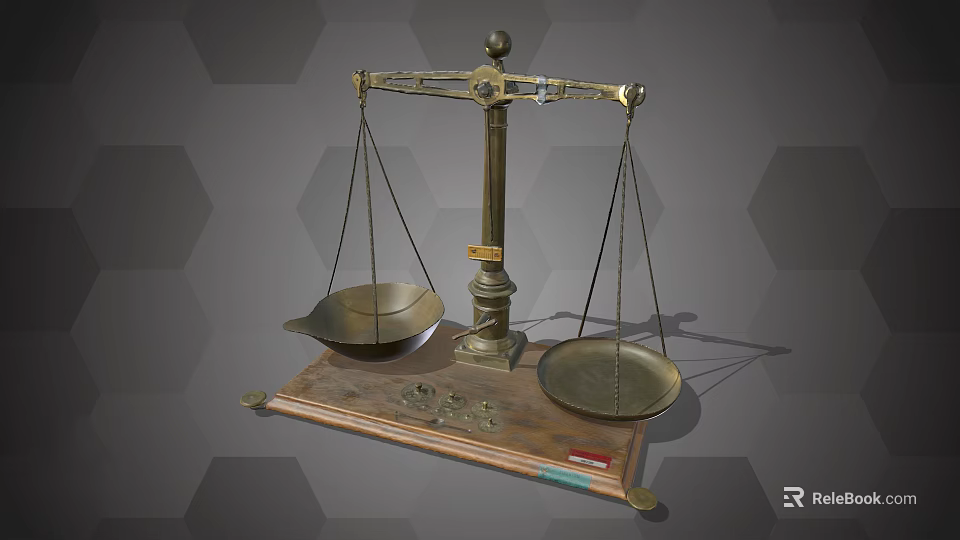 Vintage Brass Balance Scale With Wooden Base And Gray Hexagonal Background 3d model 