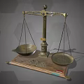 Vintage Brass Balance Scale With Wooden Base And Gray Hexagonal Background
