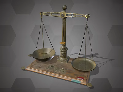 Vintage Brass Balance Scale With Wooden Base And Gray Hexagonal Background 3d model