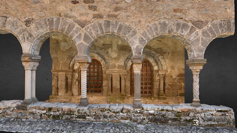 Cartoon Scene of Ancient Stone Arches with Carved Pillars and Wooden Doors in Medieval Courtyard 3d model 