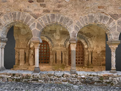 Cartoon Scene of Ancient Stone Arches with Carved Pillars and Wooden Doors in Medieval Courtyard 3d model