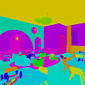 Kindergarten Indoor Environment with Blue Floor White Tables Chairs Circular Bookshelves Toys and Hanging Decorations