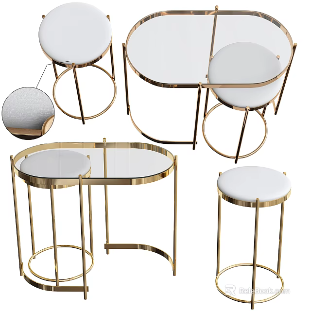 Stylish Bar Counter With Gold Metal Frame Glass Top And White Stools 3d model 