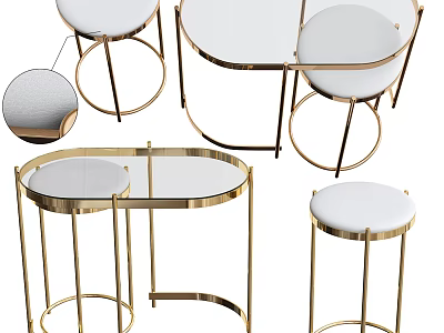Stylish Bar Counter With Gold Metal Frame Glass Top And White Stools 3d model